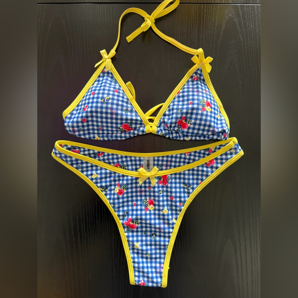 Blue Gingham Floral Bikini Set with Yellow Trim and Matching Skirt - Picture 2 of 3